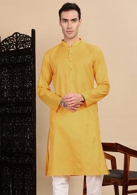 Mustard Yellow Textured Cotton Kurta For Men