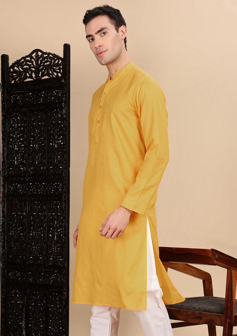 Mustard Yellow Textured Cotton Kurta For Men