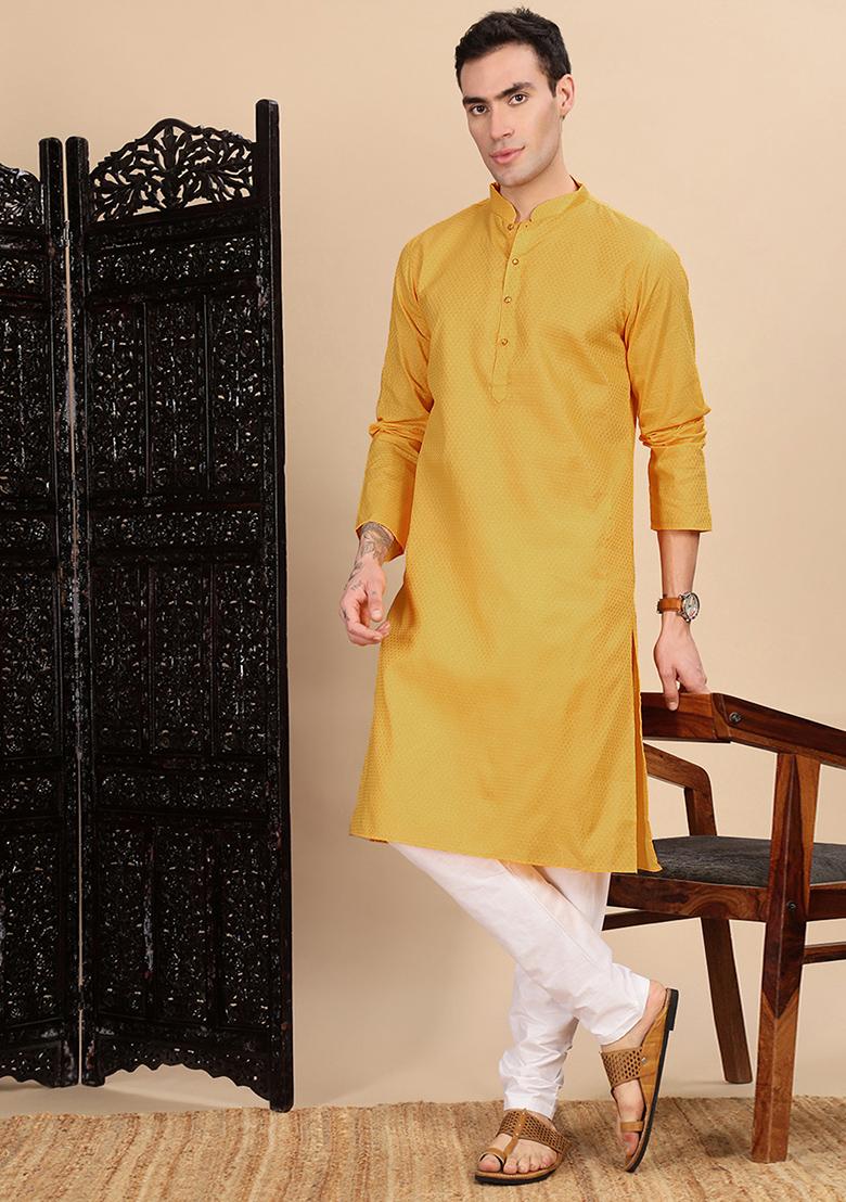 Mustard Yellow Textured Cotton Kurta For Men