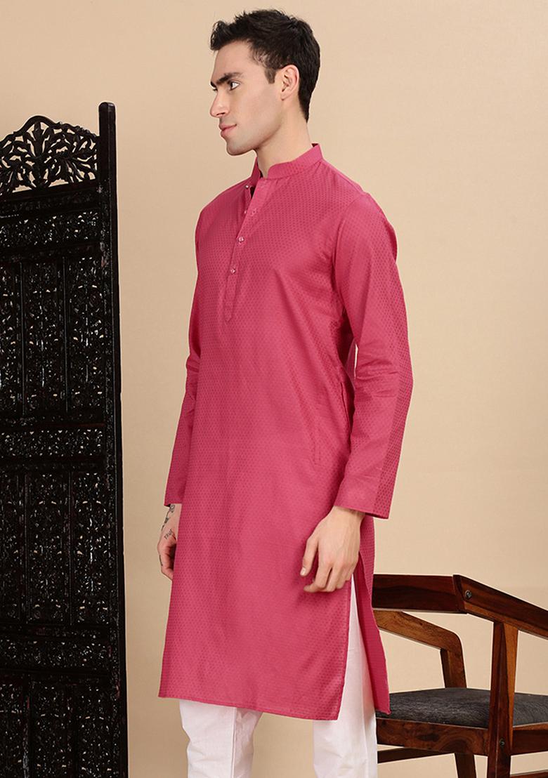 Pink Textured Cotton Kurta For Men