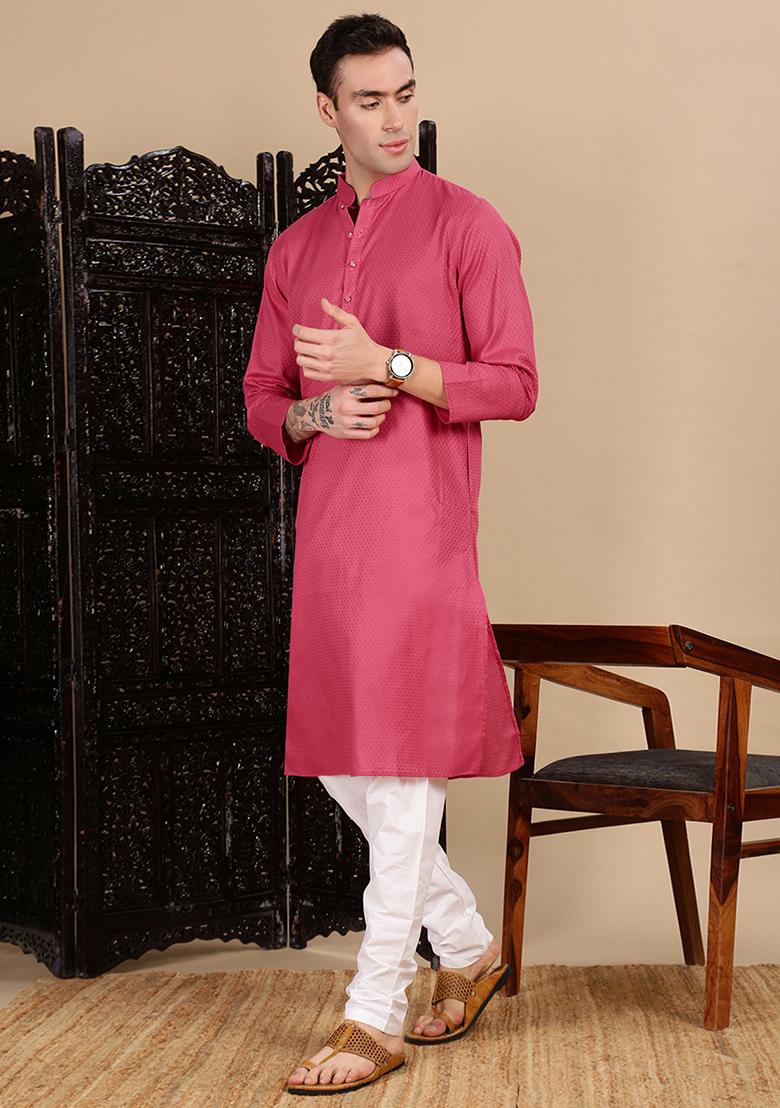 Pink Textured Cotton Kurta For Men
