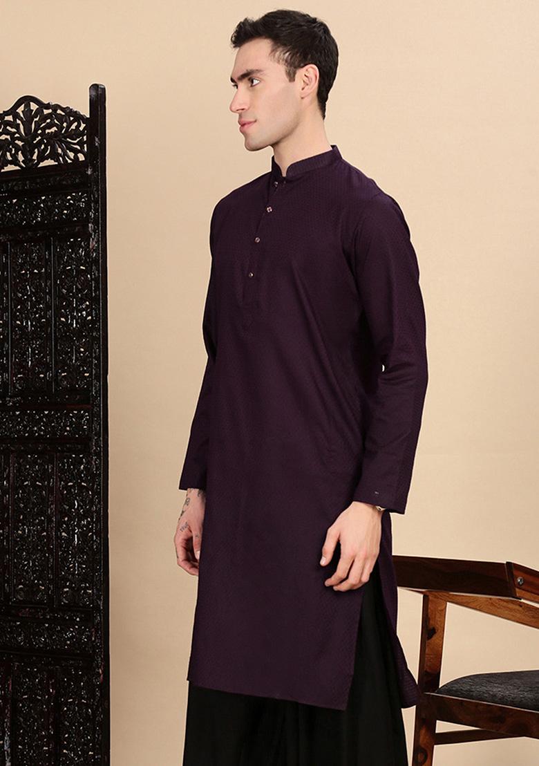 Purple Textured Cotton Kurta For Men