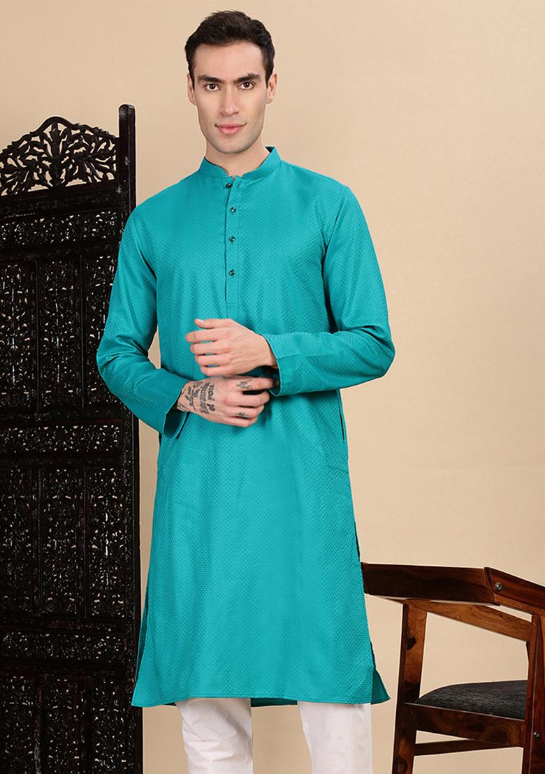 Sea Green Textured Cotton Kurta For Men