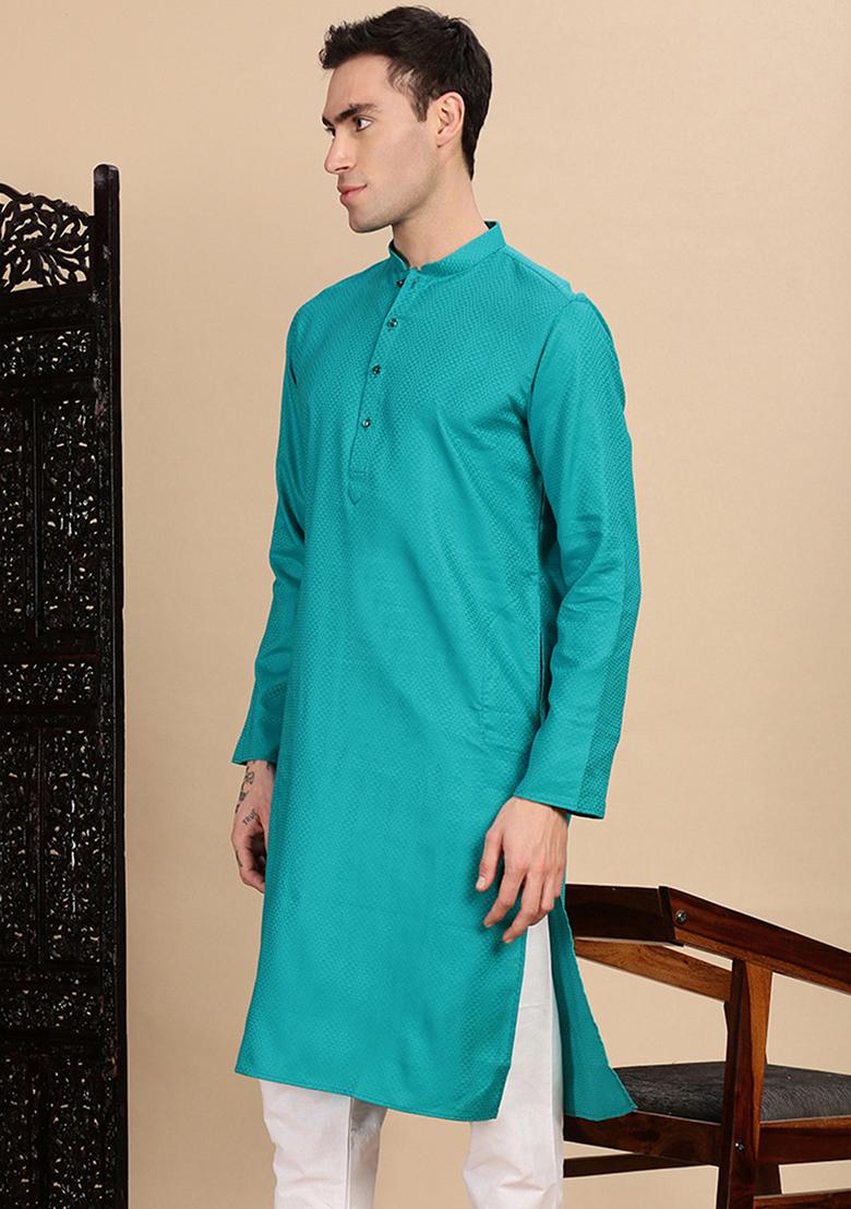 Sea Green Textured Cotton Kurta For Men