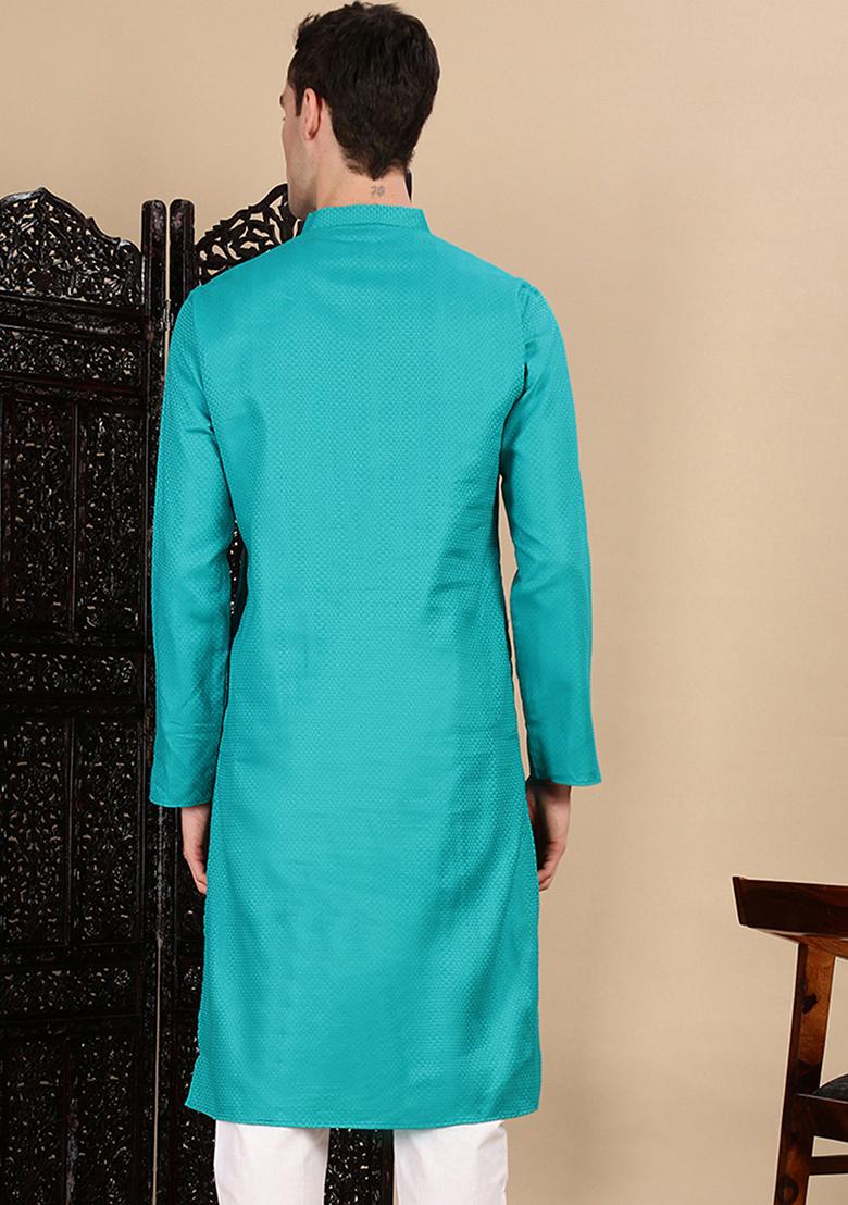 Sea Green Textured Cotton Kurta For Men