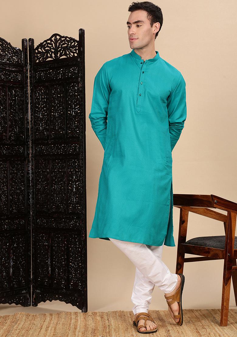 Sea Green Textured Cotton Kurta For Men