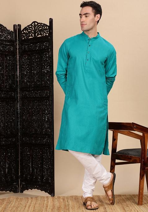 Sea Green Textured Cotton Kurta For Men