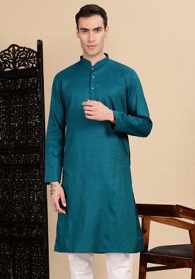 Firozi Blue Textured Cotton Kurta For Men