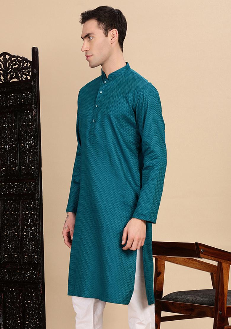 Firozi Blue Textured Cotton Kurta For Men