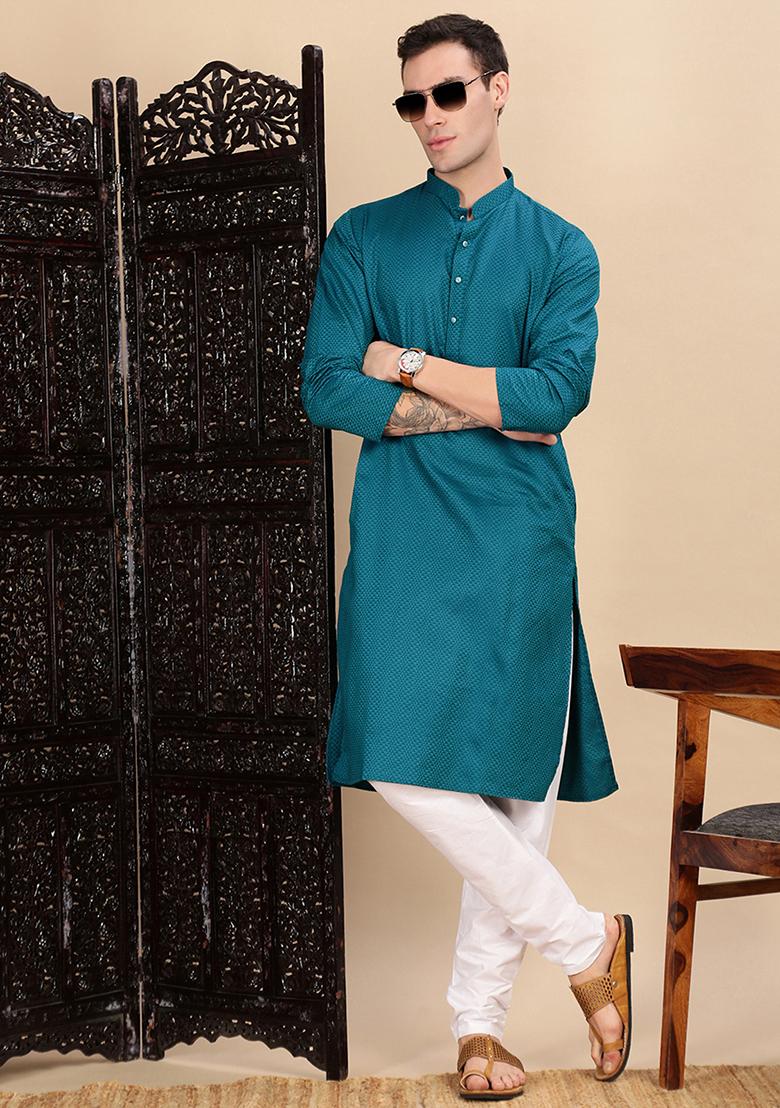 Firozi Blue Textured Cotton Kurta For Men