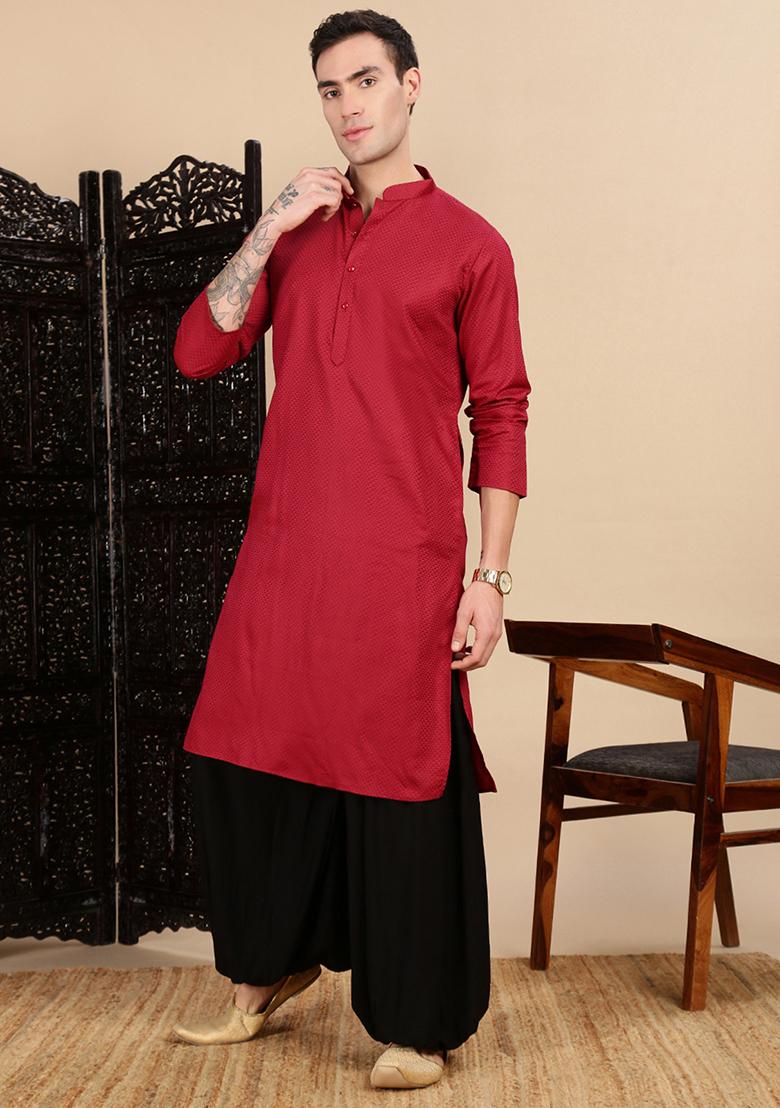 Maroon Textured Cotton Kurta For Men