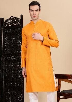 Mustard Yellow Textured Cotton Kurta For Men