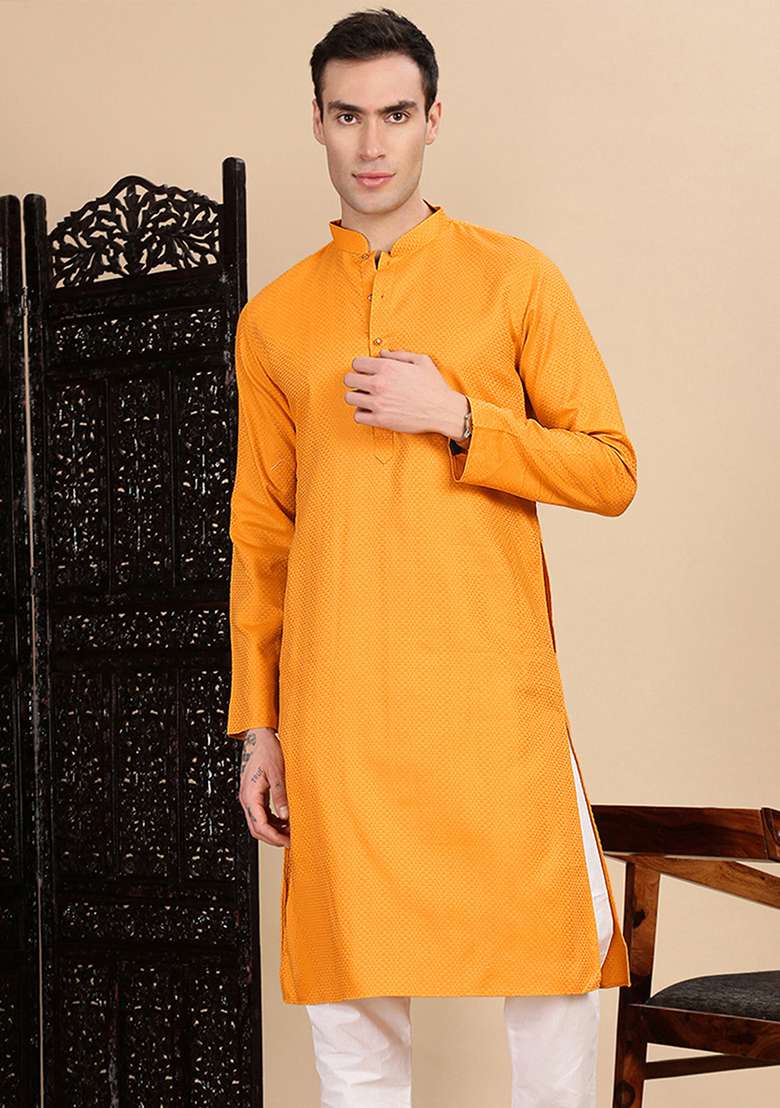 Mustard Yellow Textured Cotton Kurta For Men - Indya