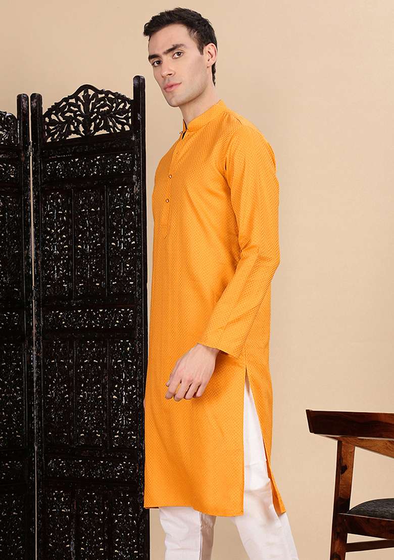 Mustard Yellow Textured Cotton Kurta For Men - Indya