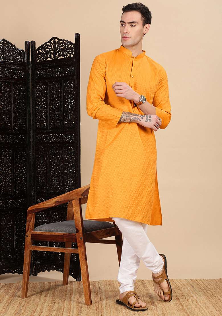 Mustard Yellow Textured Cotton Kurta For Men - Indya