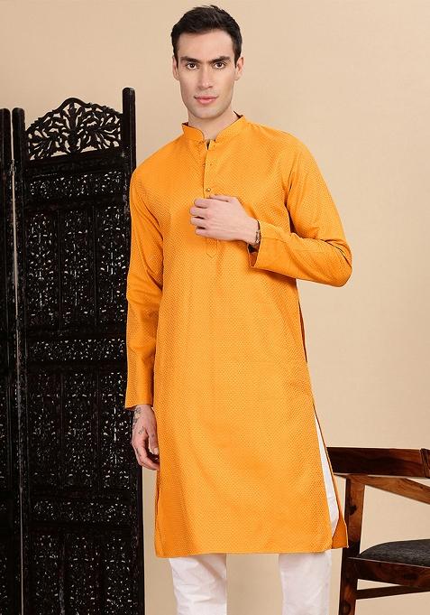 Mustard Yellow Textured Cotton Kurta For Men — view on Indya