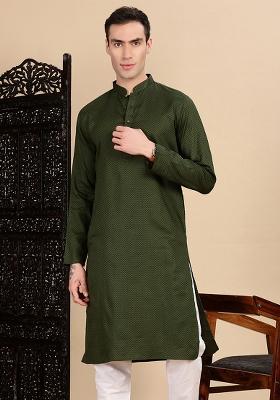 Olive Textured Cotton Kurta For Men