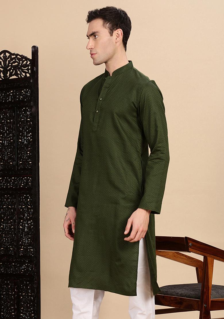 Olive Textured Cotton Kurta For Men