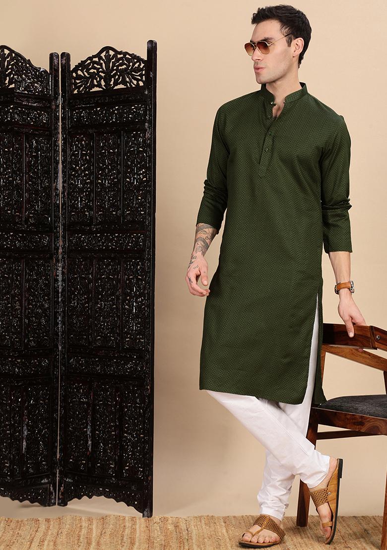 Olive Textured Cotton Kurta For Men