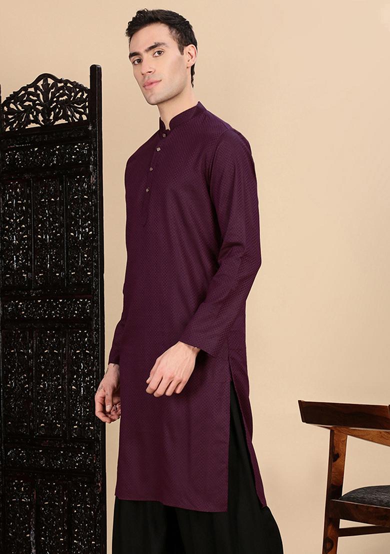 Purple Textured Cotton Kurta For Men