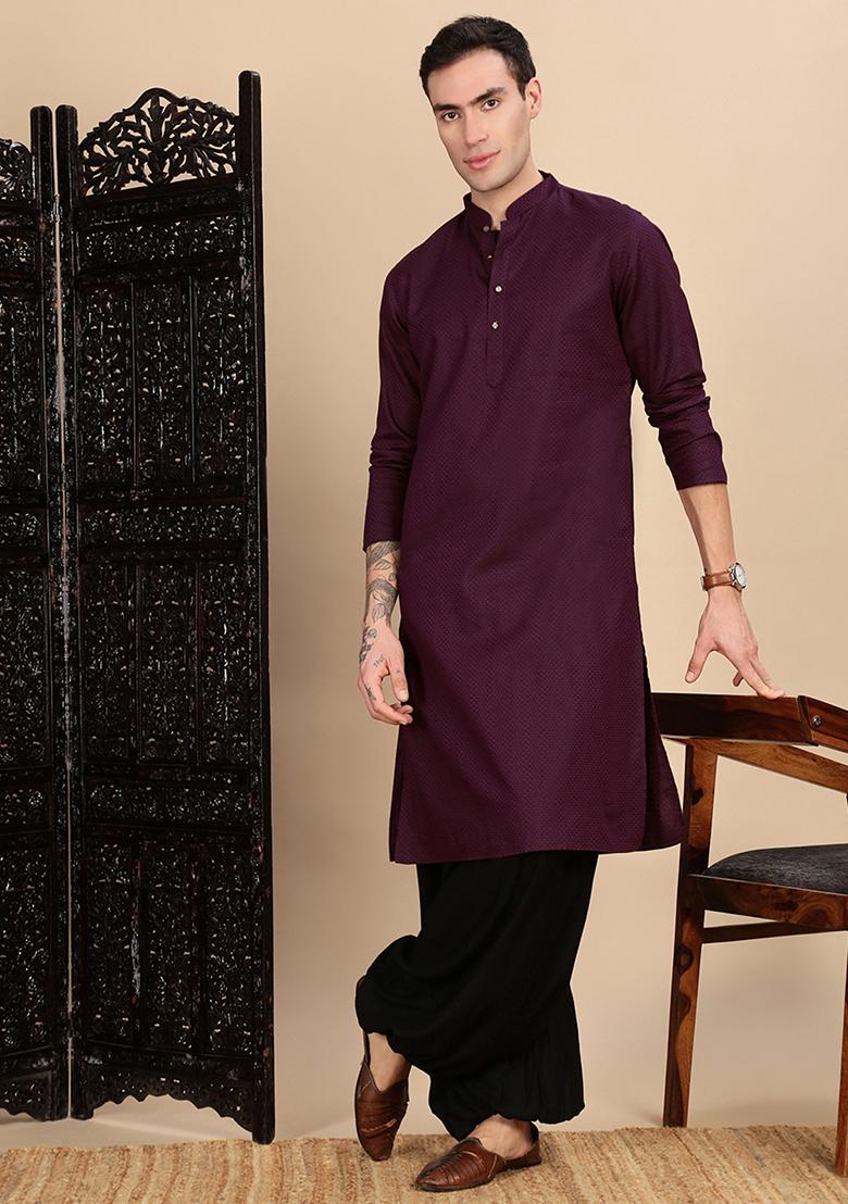 Purple Textured Cotton Kurta For Men