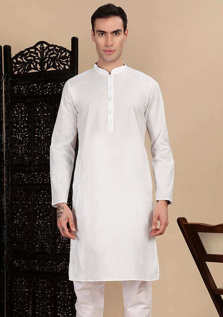 White Solid Cotton Kurta For Men - Indya