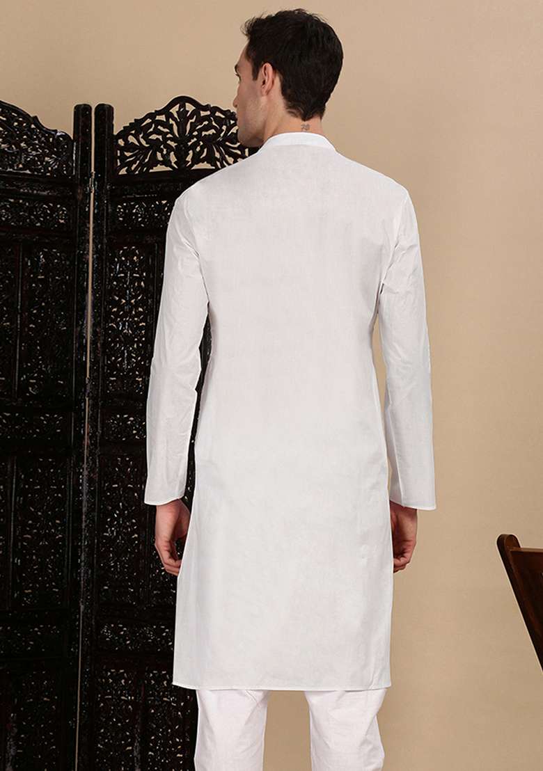 White Solid Cotton Kurta For Men - Indya