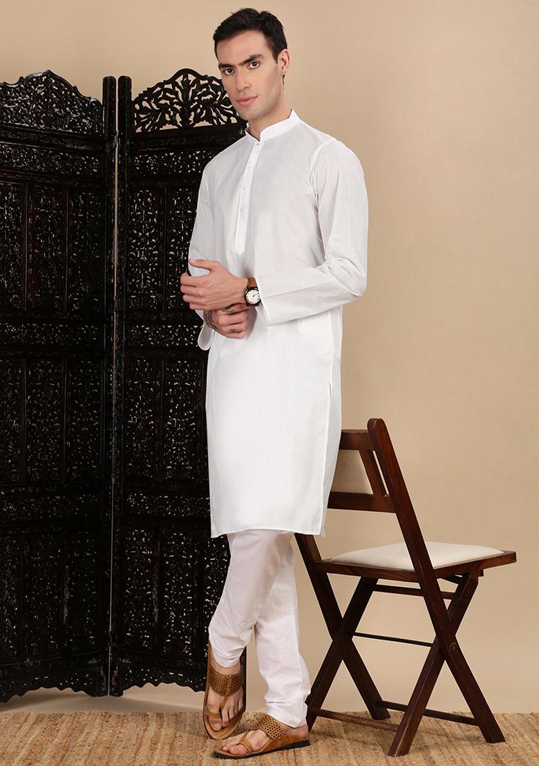 White Solid Cotton Kurta For Men