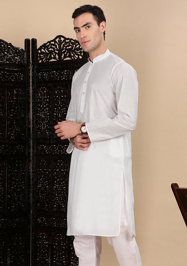 White Solid Cotton Kurta For Men