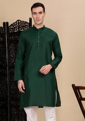 Bottle Green Solid Cotton Kurta For Men