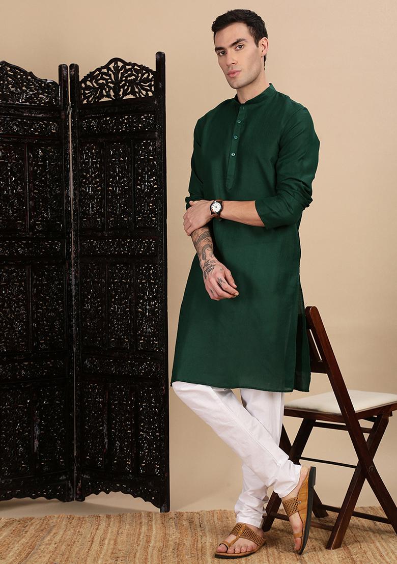 Bottle Green Solid Cotton Kurta For Men