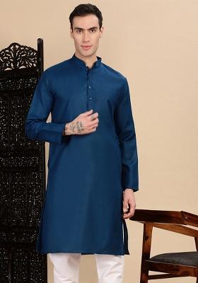 Blue Solid Cotton Kurta For Men