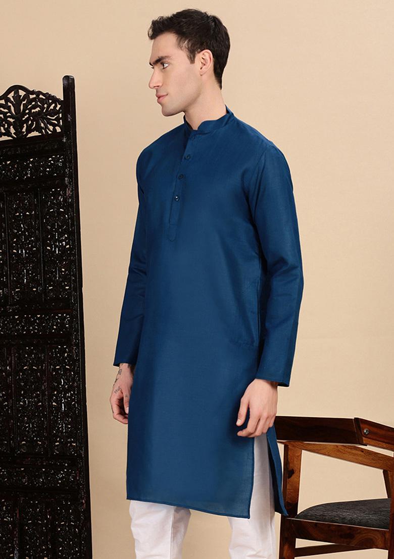 Blue Solid Cotton Kurta For Men