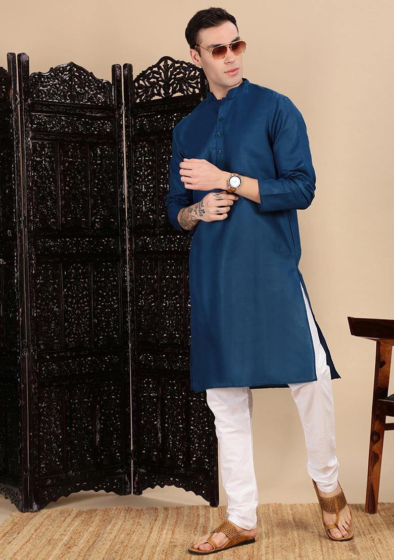 Blue Solid Cotton Kurta For Men