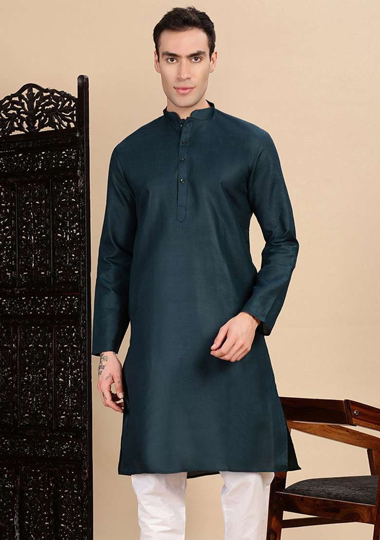 Denim Blue Solid Cotton Kurta For Men - Indya