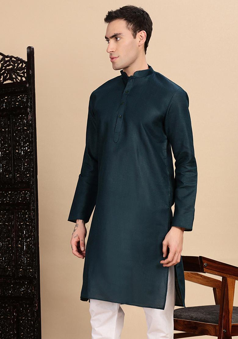 Denim Blue Solid Cotton Kurta For Men