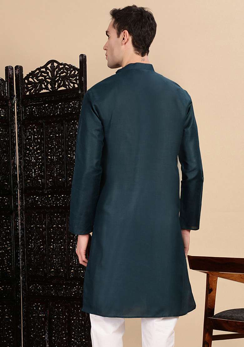 Denim Blue Solid Cotton Kurta For Men - Indya