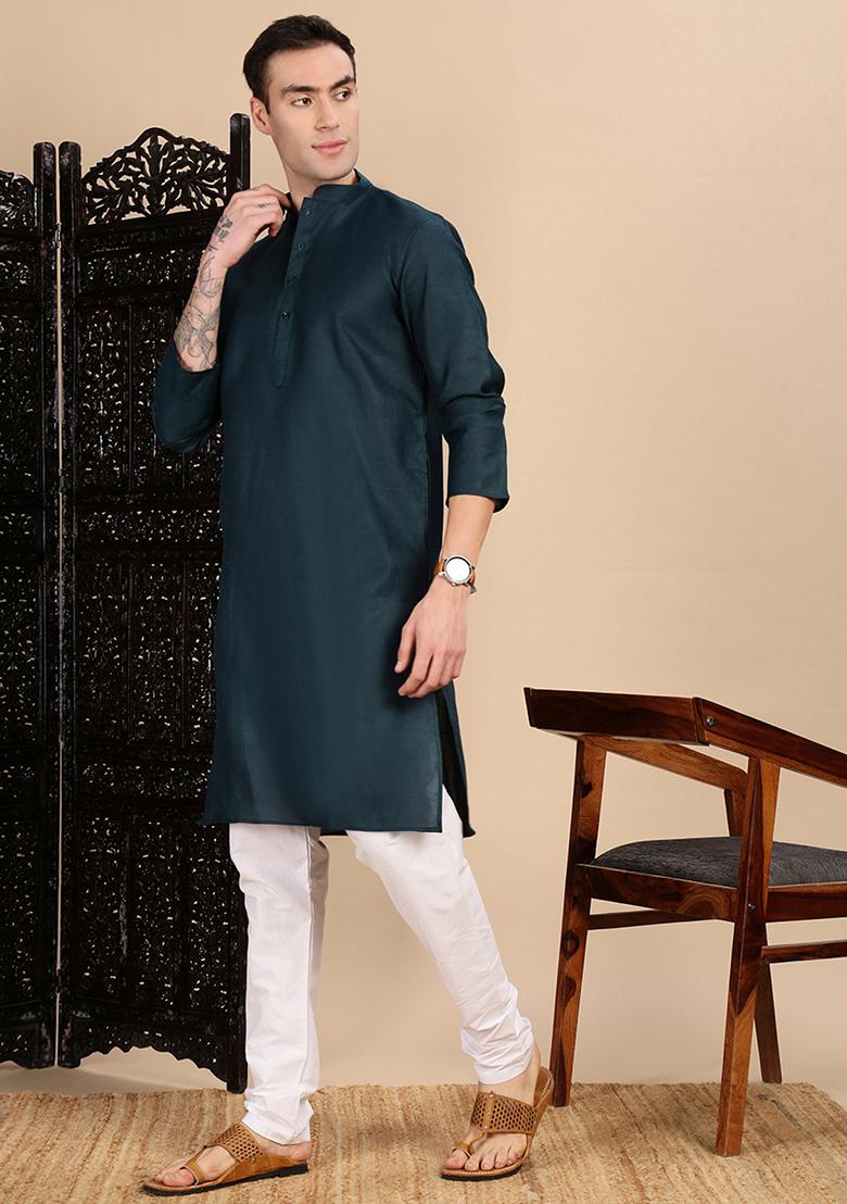 Denim Blue Solid Cotton Kurta For Men