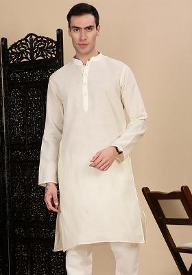Off White Solid Cotton Kurta For Men