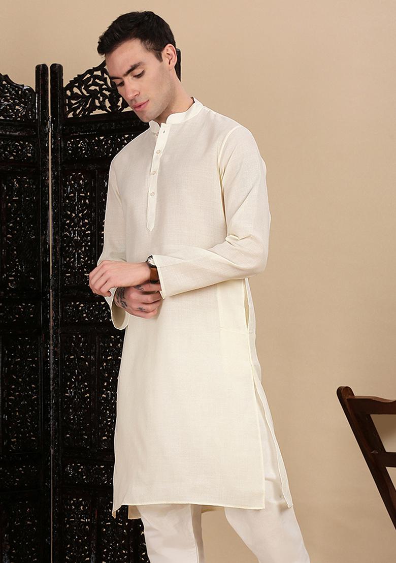 Off White Solid Cotton Kurta For Men