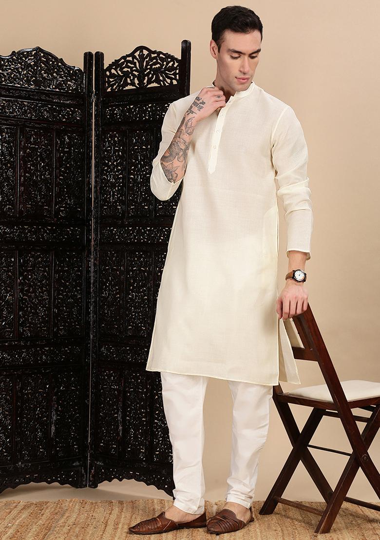 Off White Solid Cotton Kurta For Men