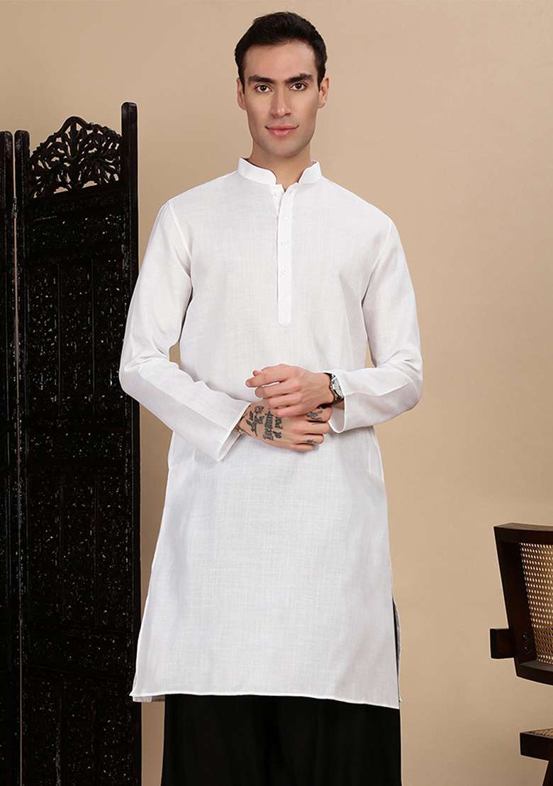 White Solid Cotton Kurta For Men - Indya