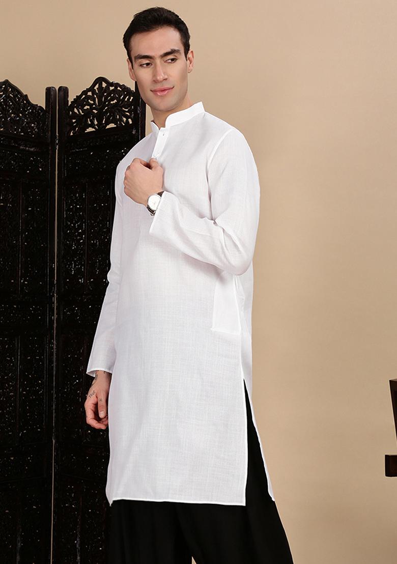 White Solid Cotton Kurta For Men
