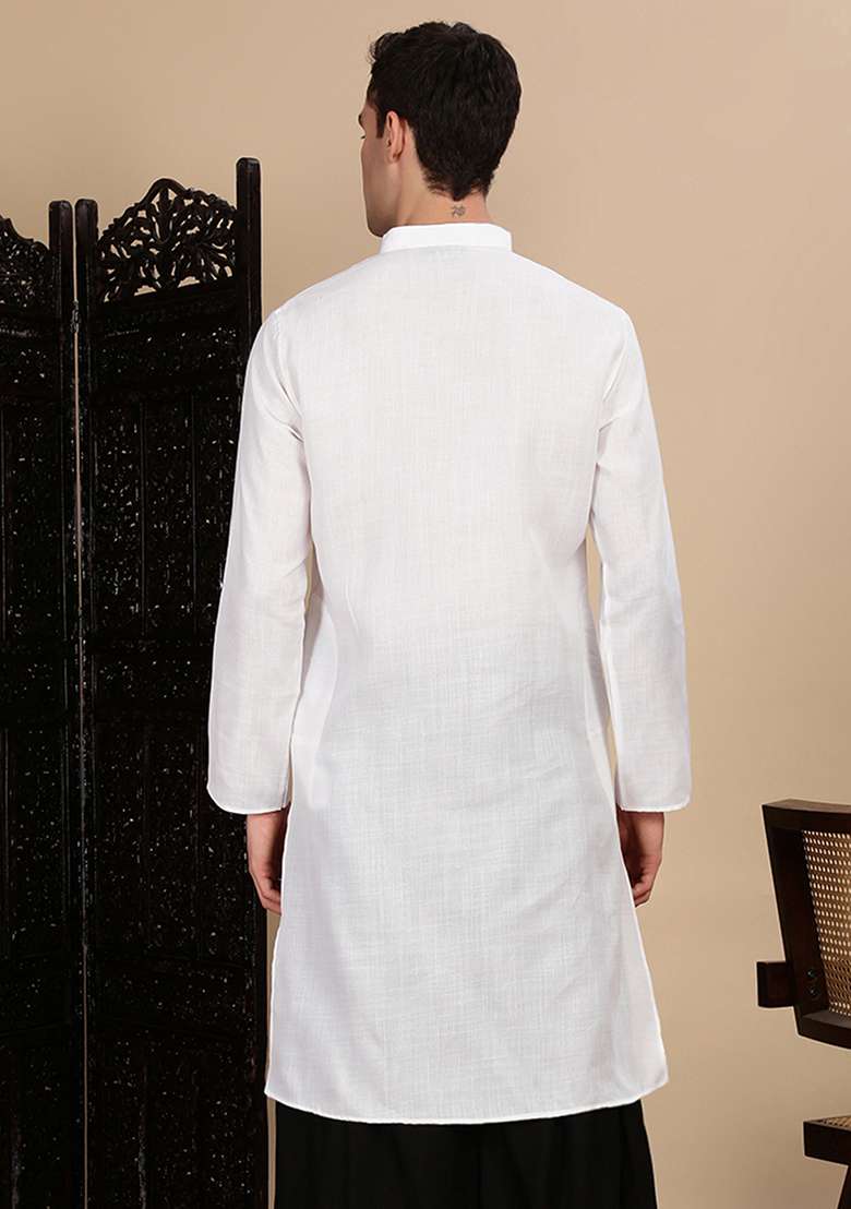 White Solid Cotton Kurta For Men - Indya