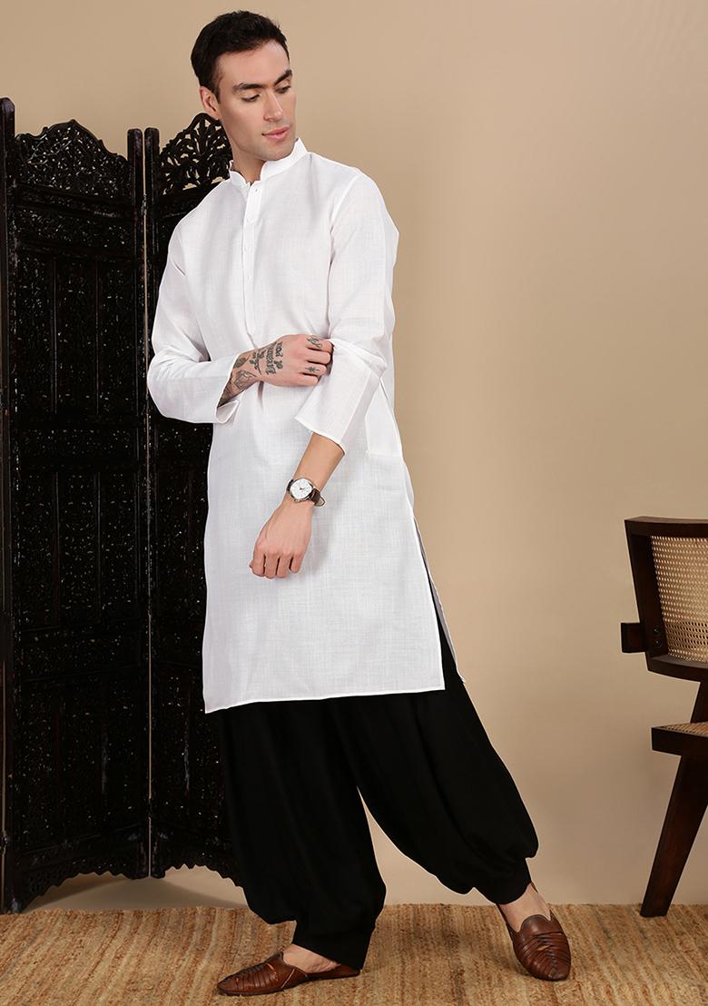 White Solid Cotton Kurta For Men