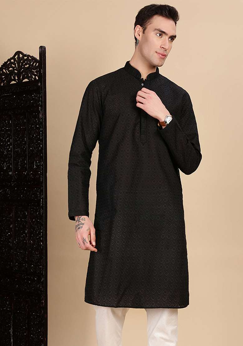 Black Chikankari Cotton Kurta For Men - Indya