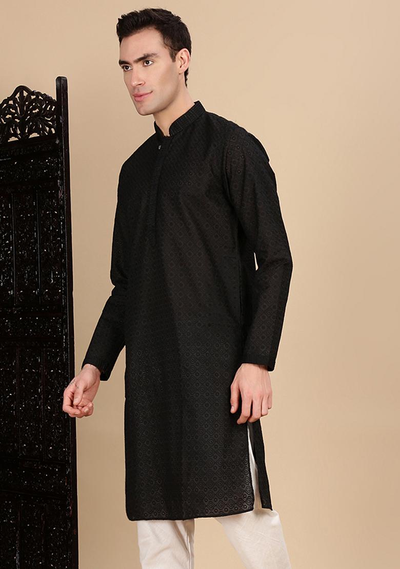 Black Chikankari Cotton Kurta For Men