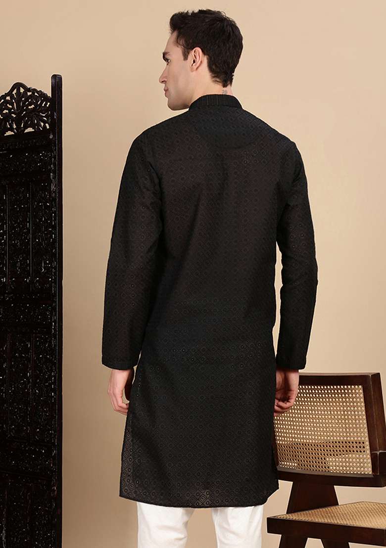 Black Chikankari Cotton Kurta For Men - Indya