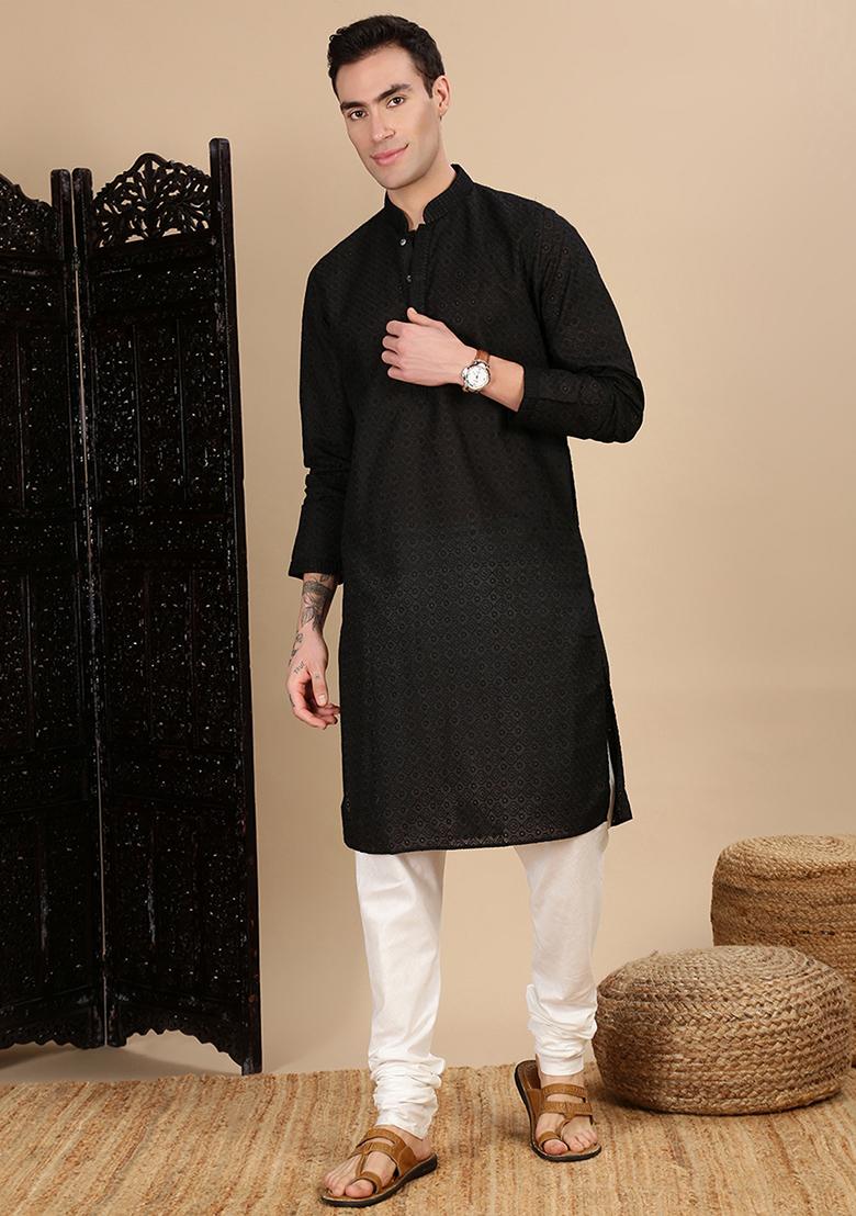 Black Chikankari Cotton Kurta For Men