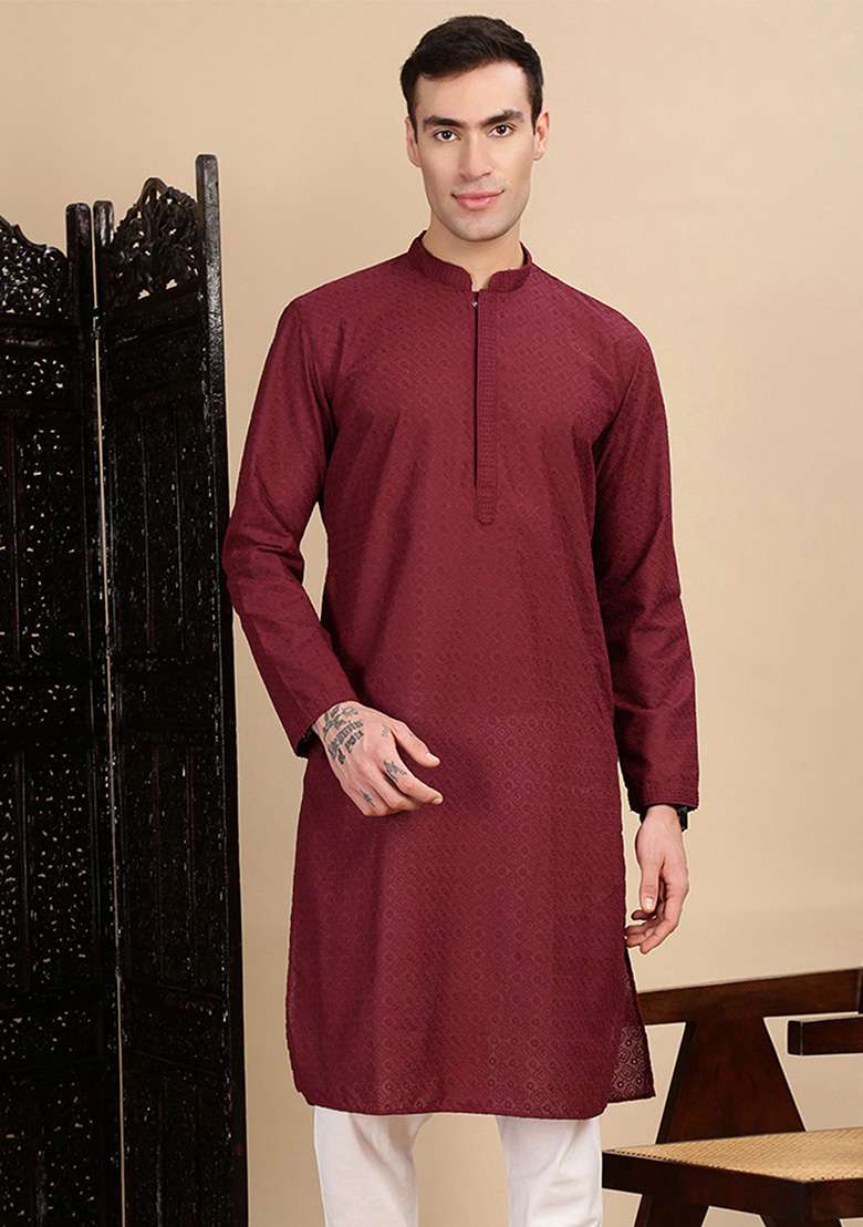 Maroon Chikankari Cotton Kurta For Men - Indya